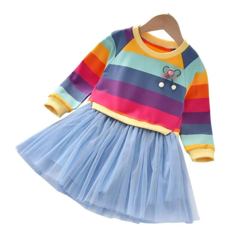 2020 новые платья для девочек весна-осень детское разноцветное платье в полоску с