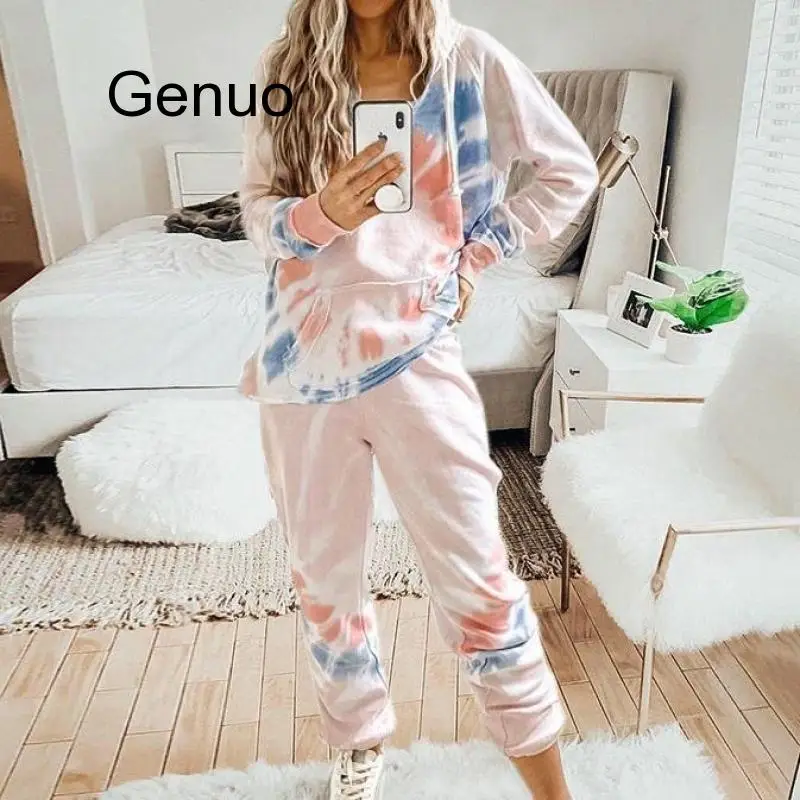 Женский тренировочный костюм для бега с принтом тай-дай Длинные повседневные