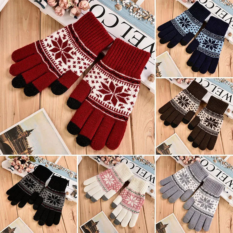 

Men Women Fashion Snowflake Printing Gloves Mobile Phone Touch Screen Knitted Gloves Winter Thick & Warm Adult Gloves