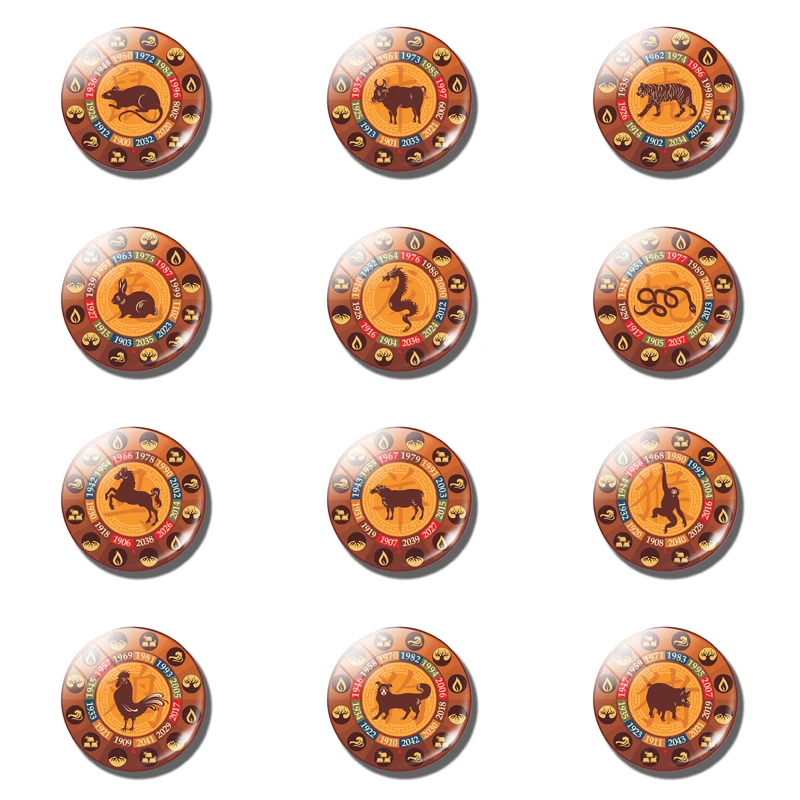 12 Zodiac Wooden Necklace Chinese zodiac sign Photo Rat Ox Glass Cabochon Jewelry Fashion Wood Pendants Men Women Birthday Gift | Украшения