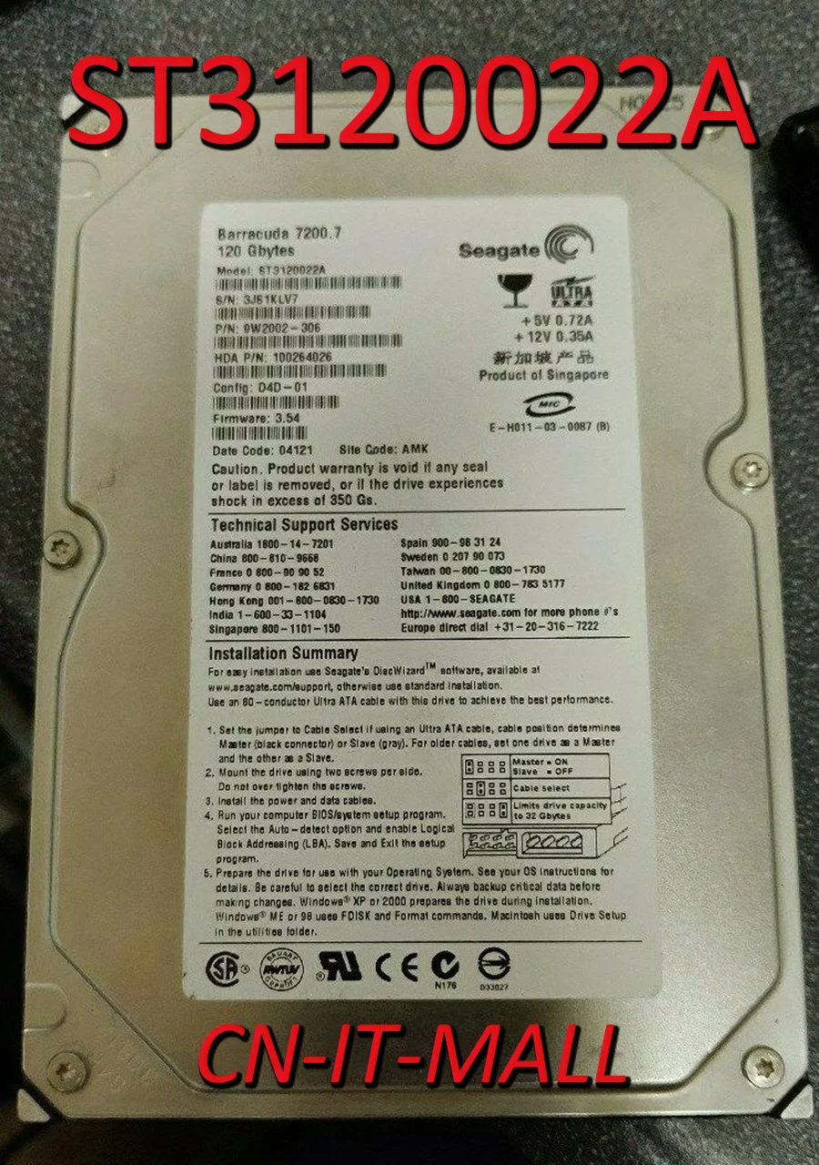 

Жесткий диск Seagate BarraCuda 7200,7 ST3120022A, 120 ГБ, 7200 об/мин, 2 Мб кэш-памяти, IDE, 3,5 дюйма