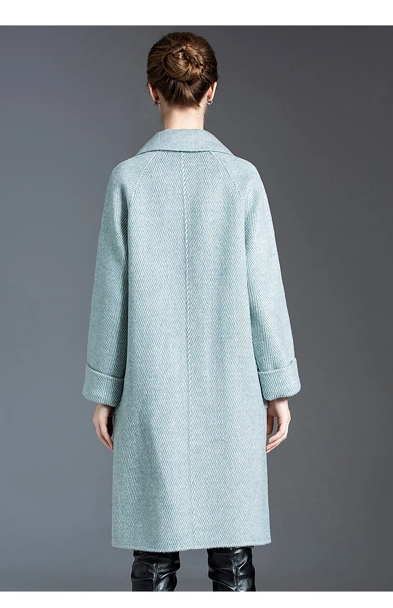 

Women's coat classic cashmere handmade double-sided jackets mid-length coats wool loose winter jacket lady overcoat outwear blue