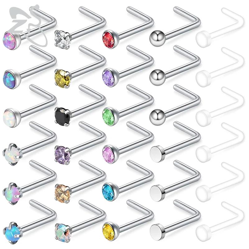 

ZS 30pcs/lot Crystal Round Nose Studs for Women Girl 316L Stainless Steel Acrylic Nose Rings Indian Female Body Piercing Jewelry