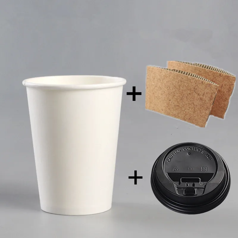 cup lid sleeves2 50 шт Высокое качество белые одноразовые кофейные чашки холодный горячий напиток на вынос упаковочные бумажные стаканчики с крышкой и крафт-бумажный рукав - Цвет: cup lid sleeves2