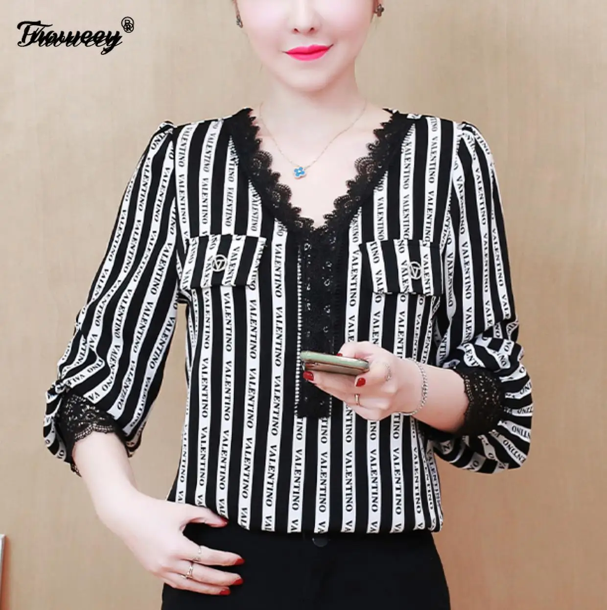 

New 2021 summer Long Sleeve Chiffon Striped Blouse Women Shirt OL Button V neck Plus Size Women's Blouse Shirt Camisas Mujer