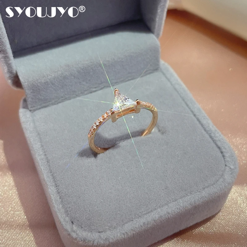 

SYOUJYO Fashion Triangle Bride Wedding Rings Shiny Natural Zircon Romantic 585 Rose Gold Rings for Women Crystal Jewelry