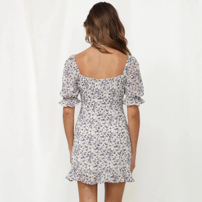 

Floral Print Women Dress Short Puff Sleeve Square Collar Sheath Bodycon High Waist Ruffles Dress Casual Ladies Vestidos 2021