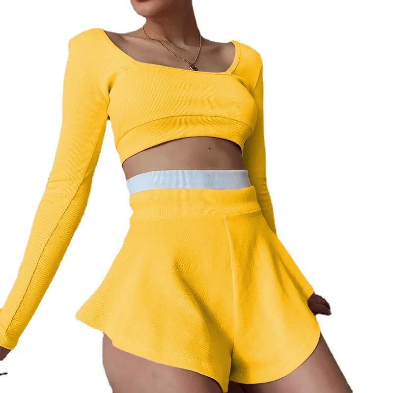 

Fashion sports women's clothing 2021 new color matching slim top sexy culottes suit