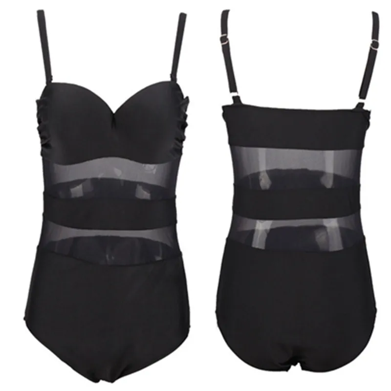 Женский сплошной купальник большие размеры черный белый сетчатый сшитый |