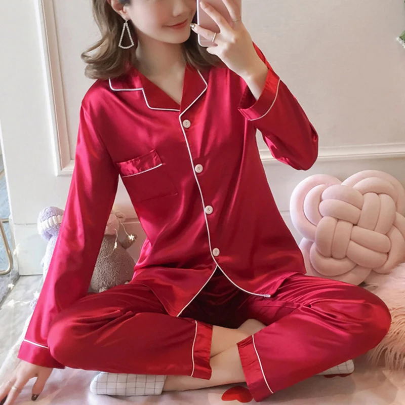 Female Homewear Autumn Spring Women Sleepwear 2 Piece Faux Silk Satin Pajamas Set Long Sleeve Top + Pants Suit | Женская одежда