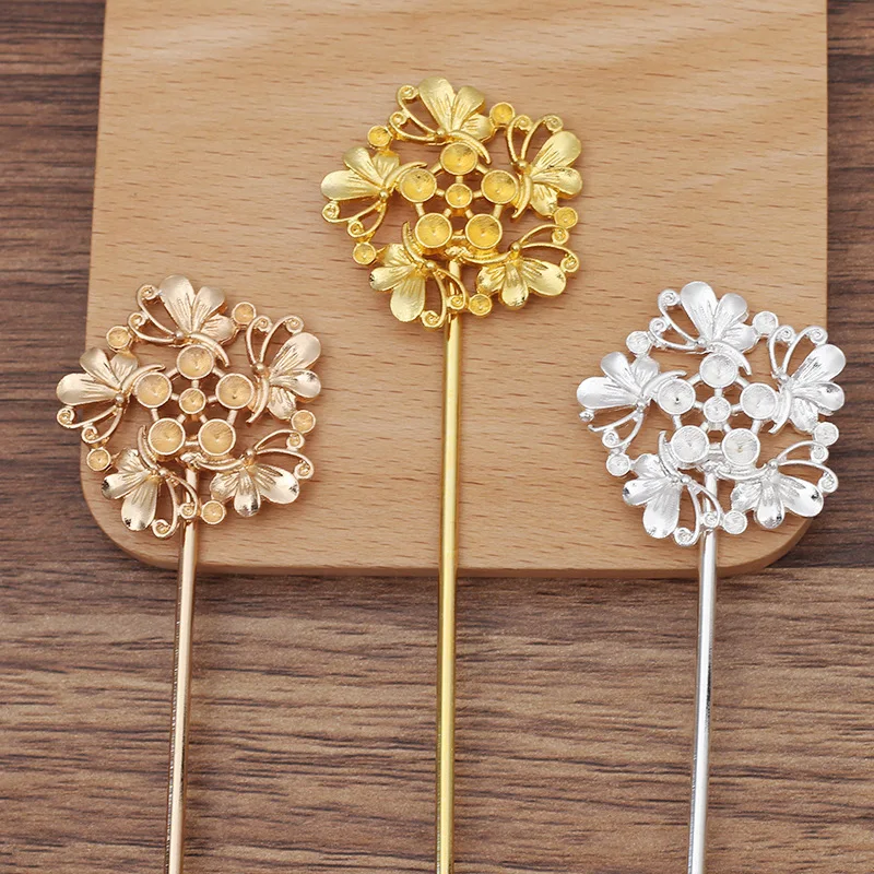 

10 PCS 36mm Gold Silver Plated Butterfly Flowers Hair Sticks DIY Handmade Metal Alloy Accessories For Jewelry Making