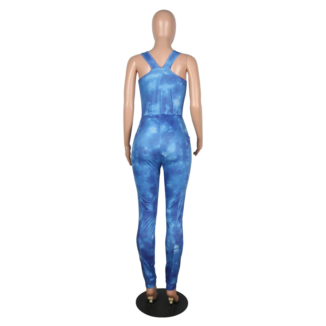 

Tie Dye Print Sexy Rompers Womens Jumpsuit Round Neck Sleeveless Bandage Bodysuit Summer Elastic Waist Pockets Party Playsuits