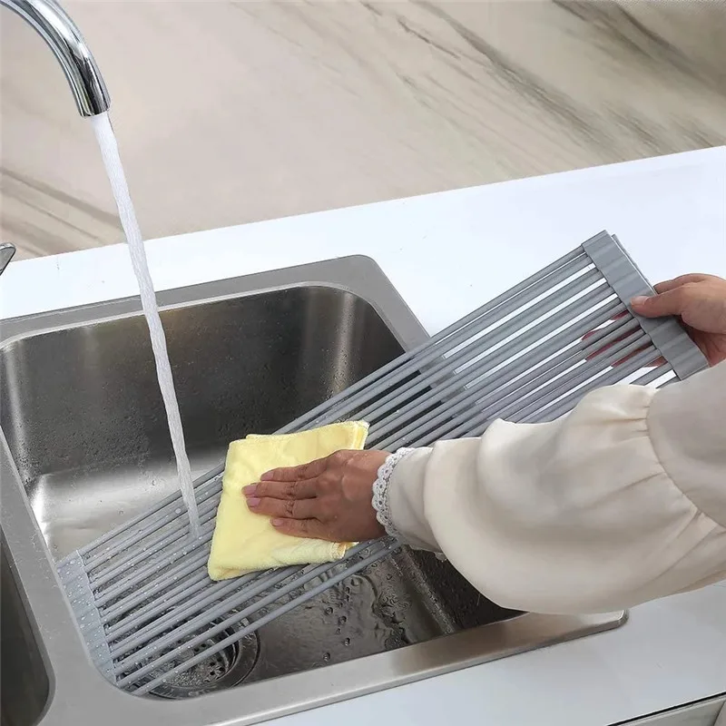 

Fold Dish Drainer Tray Sink Drain Basket Washing Vegetable Fruit Drying Rack Stainless Steel Kitchen Bowl Storage Organizer