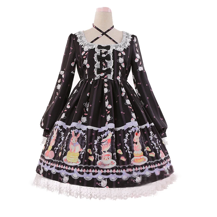 

Japanese sweet lolita dress vintage lace bowknot cross strap cute printing victorian dress kawaii girl gothic lolita op loli cos