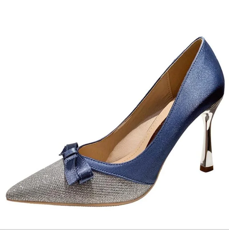 

High heels shoes ladies bow mixed colors sequins satin women pumps gold pointed heel shoes women's evening dress for wedding