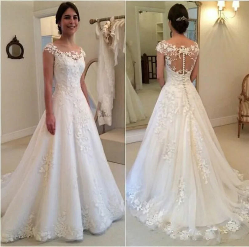 

Modest New Lace Appliques Wedding Dresses A Line Sheer Bateau Neckline See Through Button Back Bridal Gown Vestido De Noiva