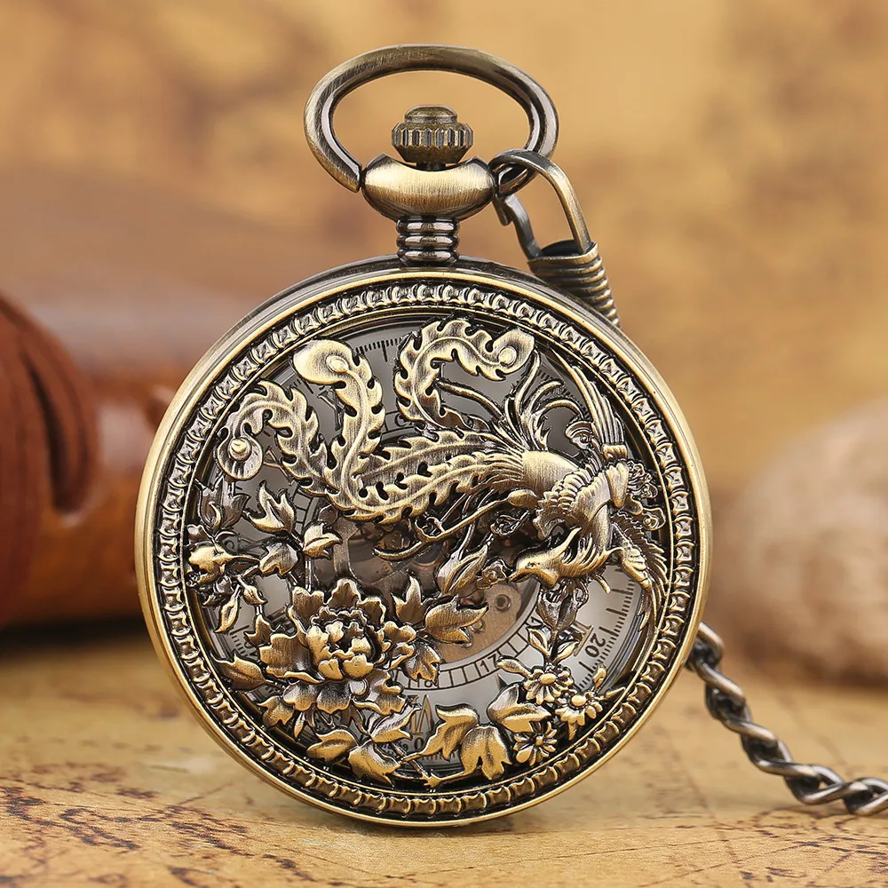 Bronze Hollow Auspicious Animals Design Automatic Mechanical Pocket Watch Luxury Elegant Vintage Self Winding Pendant Timepiece