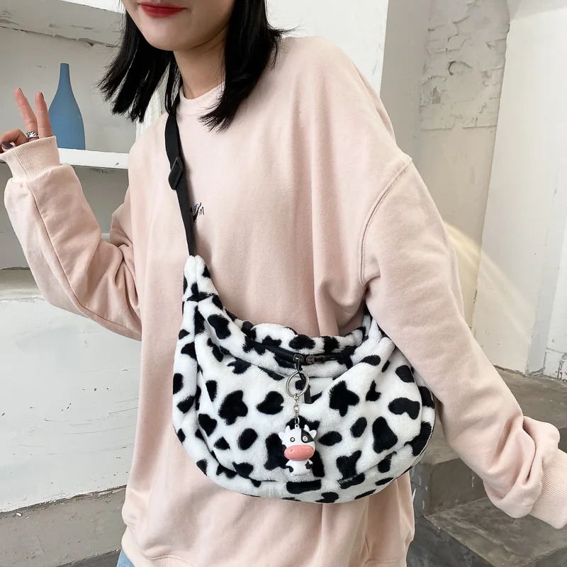 

Ins Cow Bag Female Hong Kong Style Cute Plush Tote Bag Large Capacity Shoulder Diagonal Bag Gift