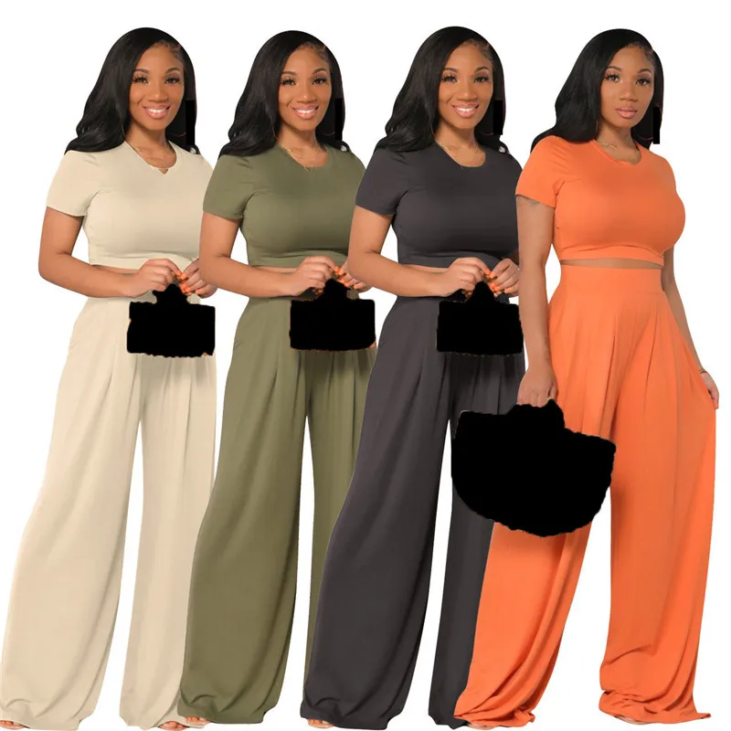

KEXU Women Summer Outfits Solid Short Sleeve T-shirts Crop Tops and High Waist Wide Leg Pants Two Pieces Matching Set Streetwear
