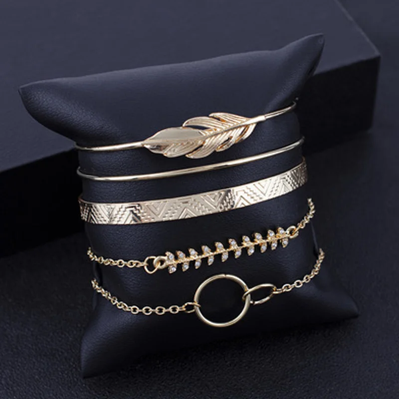 

5Pcs/set Bohemian Gold Color Moon Leaf Crystal Opal Open Bracelet Set for Women Punk Boho Beach Bangle Jewelry Gift Bracelets