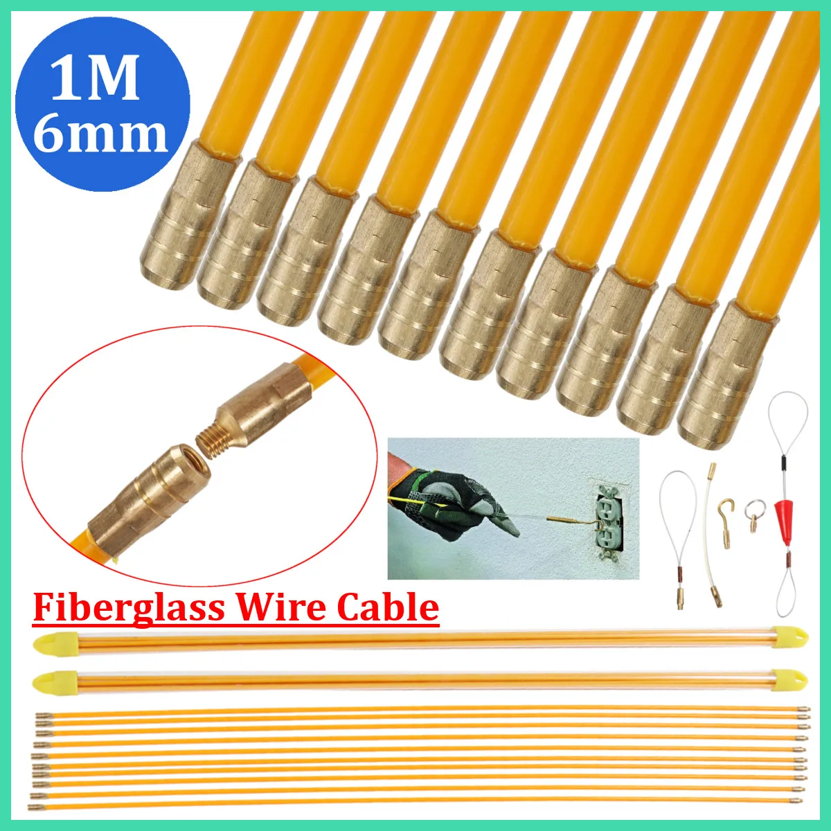 

6mm 10x1M Fiberglass Wire Cable Rod Puller Electrical Fish Tape Pull Push Kit Fiberglass Wire Cable Rod Puller Tool Set Durable