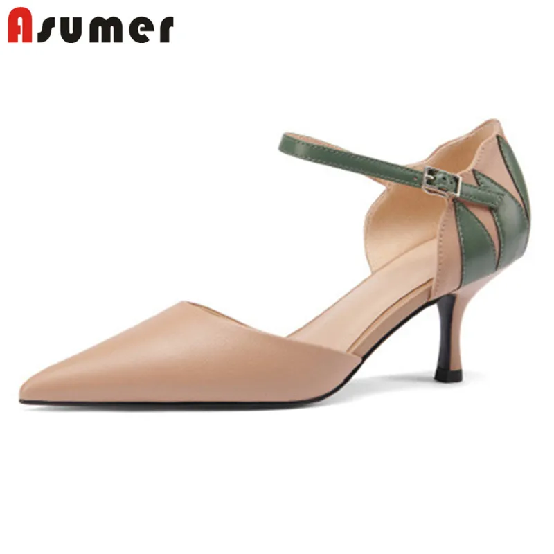 

Asumer/2021 Одежда высшего качества из натуральной кожи; Туфли в западном стиле; Женские туфли-лодочки с острым носком; Разноцветные Цвета; Летни...