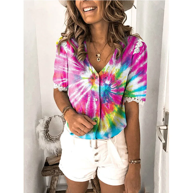 

Trendy Printed T Shirt New Women's V Neck Tie-Dye Button Top Summer Loose Casual Fashion Short Sleeve