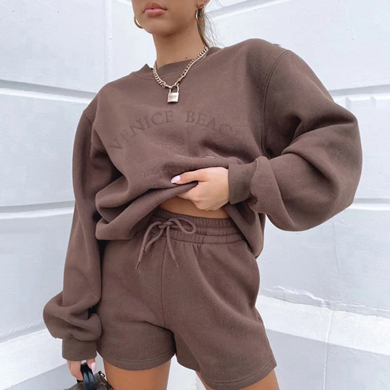 

Letter Print Women 2 Piece Set Long Sleeve Sweatshirt Sweatshorts Loose Casual Tracksuit Loungewear 2021 Autumn Winter