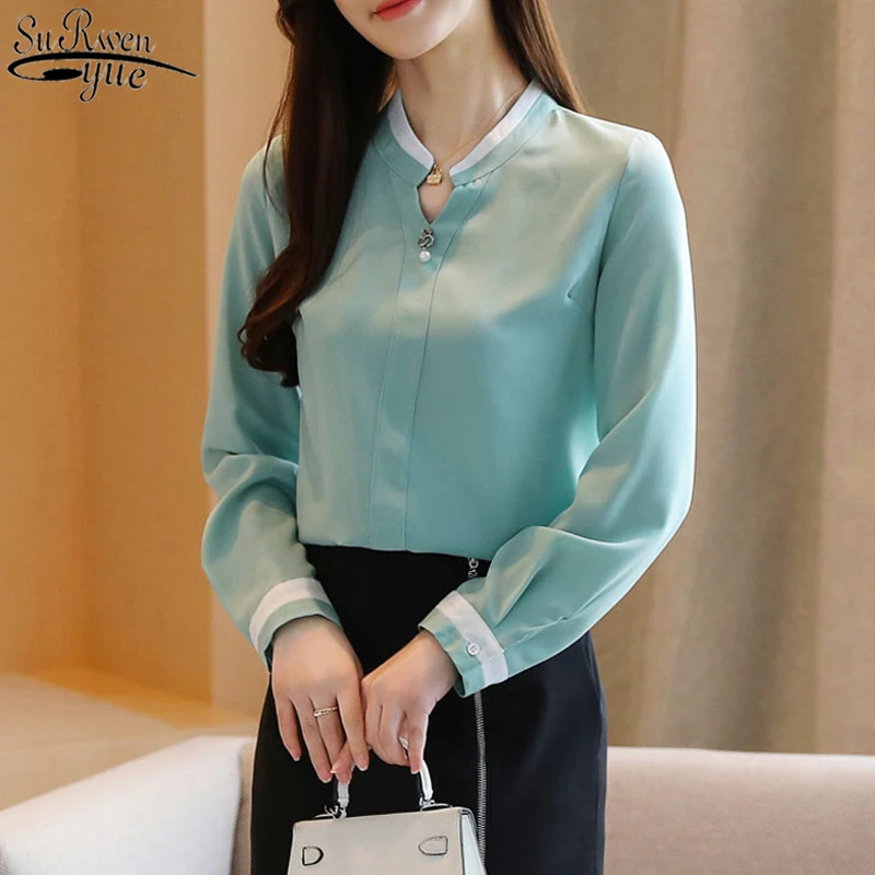 

2021 Autumn New V Neck Solid Blouse Women Long-Sleeve Chiffon Women Shirt Top Plus Size Pullover Ladies Clothing Blusas 10887