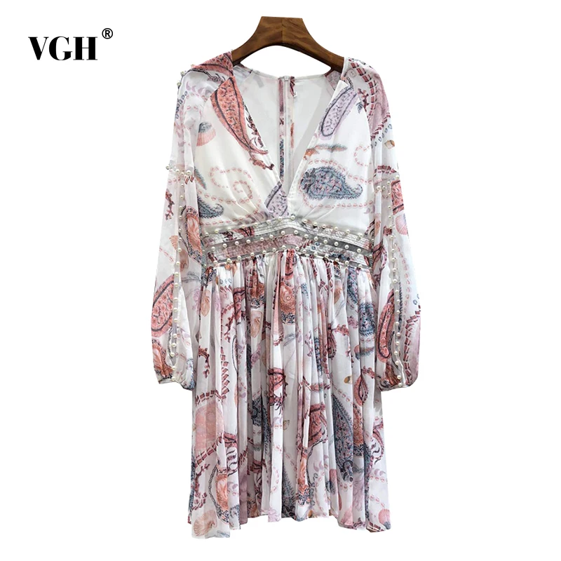 

Женское Плиссированное мини-платье VGH, летнее платье с вышивкой, V-образным вырезом, длинным рукавом и высокой талией, 2021