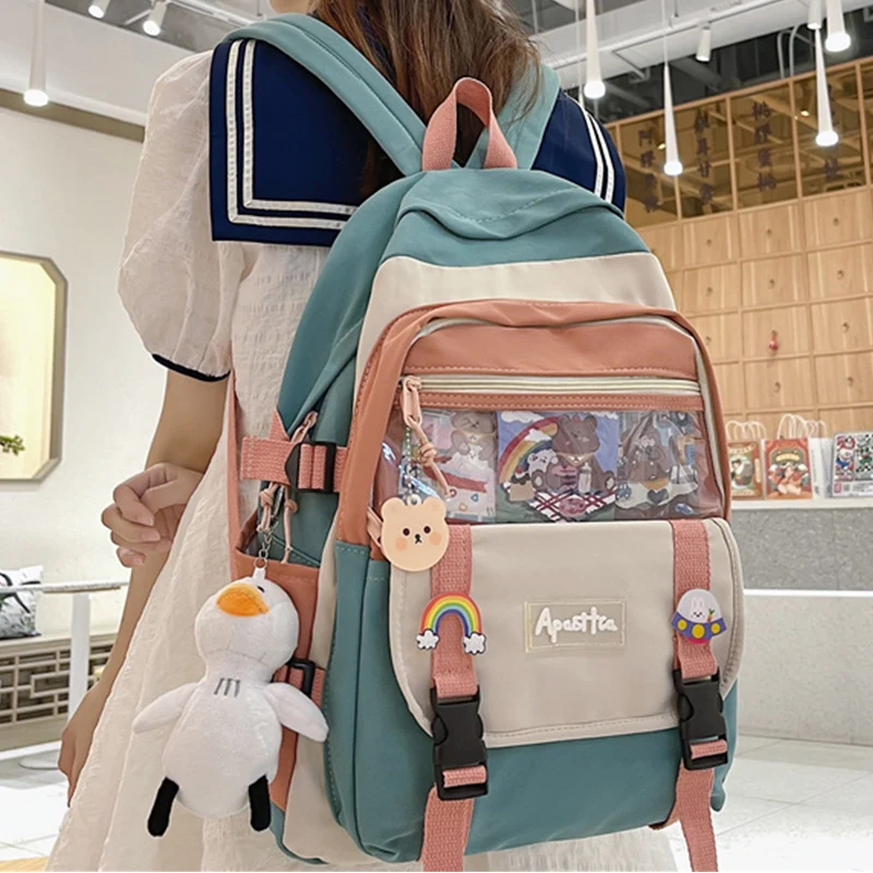 EST Transparent PVC Cartoon Kawaii Duck Large Capacity Waterproof Nylon Shoulders Women Backpack Girls Travel Female Back Pack