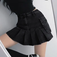 high waist jean mall goth skirts y2k aesthetics black denim pleated skirts with big pockets punk e girl outfits sexy bodycon new