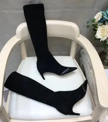 Сапоги из эластичной ткани; сезон осень-зима; эластичные полусапожки; кожаная женская обувь черного цвета на высоком каблуке; женские туфли на шпильке с острым носком - Цвет: AS SHOW