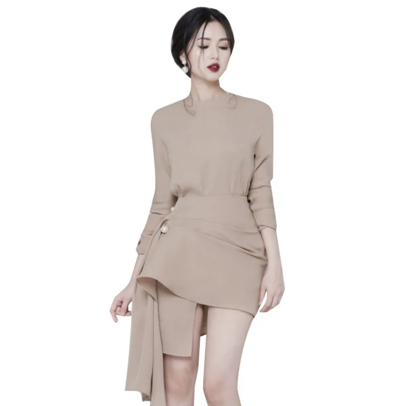 

[DEAT] New Fashion Women Temperament O-neck Collar Solid Khaki Irregular Skirt Two Piece Set 2021 Spring And Autumn GX1257