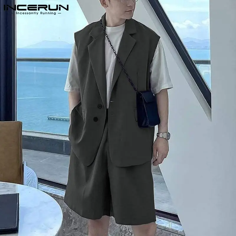 

INCERUN Fashion Men Sets Solid Color Lapel Sleeveless Vests & Shorts Two Pieces Sets Streetwear 2022 All-match Men Casual Suits