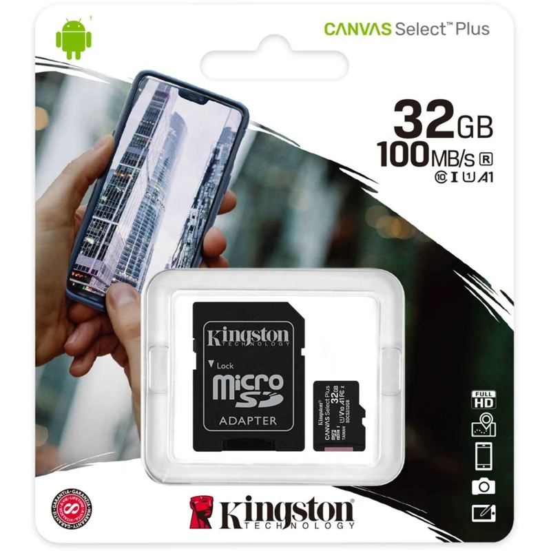 Карта памяти microSDHC UHS I U1 KINGSTON Canvas Select Plus 32 ГБ 100 МБ/с Class 10 SDCS2/32GB 1 шт. переходник