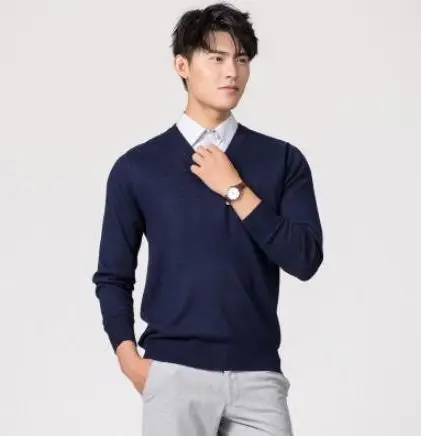 navy v-neck Осень-зима, кашемировый хлопковый мужской свитер, трикотажное платье-свитер, hombre pull homme Hiver, пуловер, мужские вязаные свитера J697 - Цвет: navy v-neck