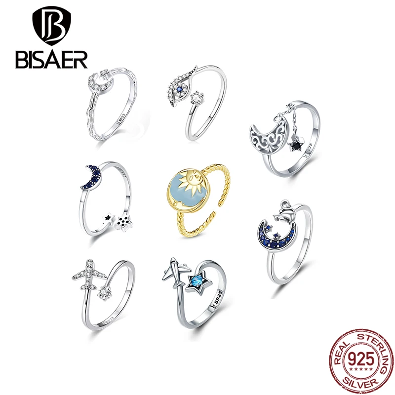 

BISAER Moon And Star 925 Sterling Silver Shining Zircon Adjustable Rings Female Finger Rings for Women Fine Silver Jewelry Gift