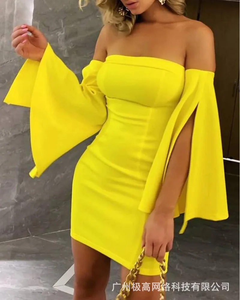 

Yellow Mini Dress For Women Solid Split Long Flare Sleeve Autumn Dresses Slim Slim Sexy Club Party Vestidos