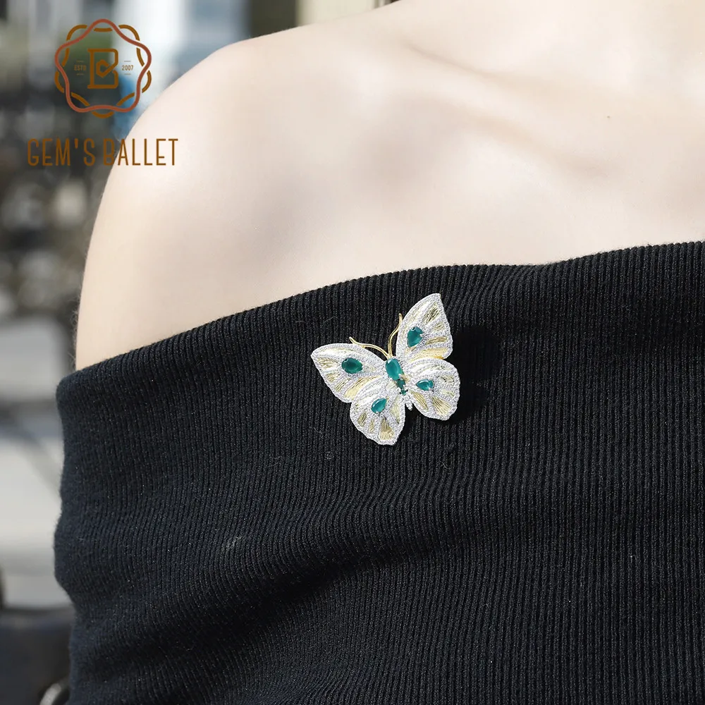 Женская Брошь бабочка из натурального зелёного агата серебра 925 пробы|Украшения