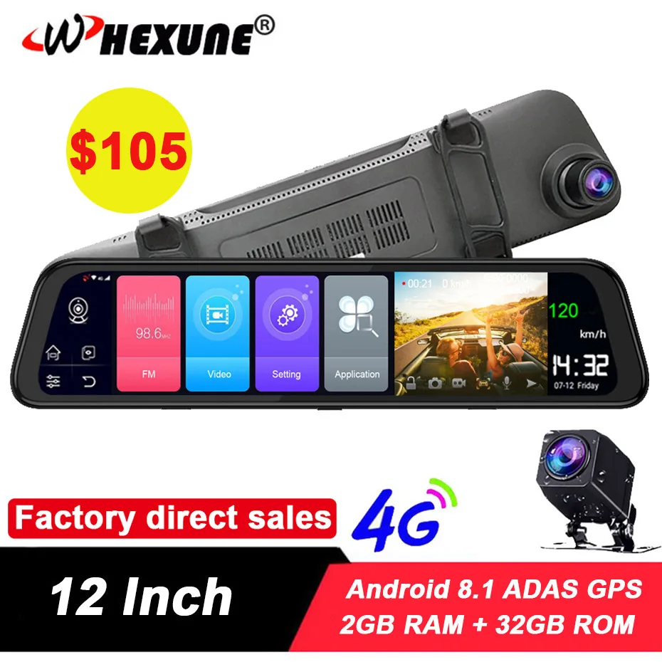 Зеркало заднего вида WHEXUNE 12 дюймов 4G ADAS Android 8 1 FHD 1080P видеорегистратор с двумя