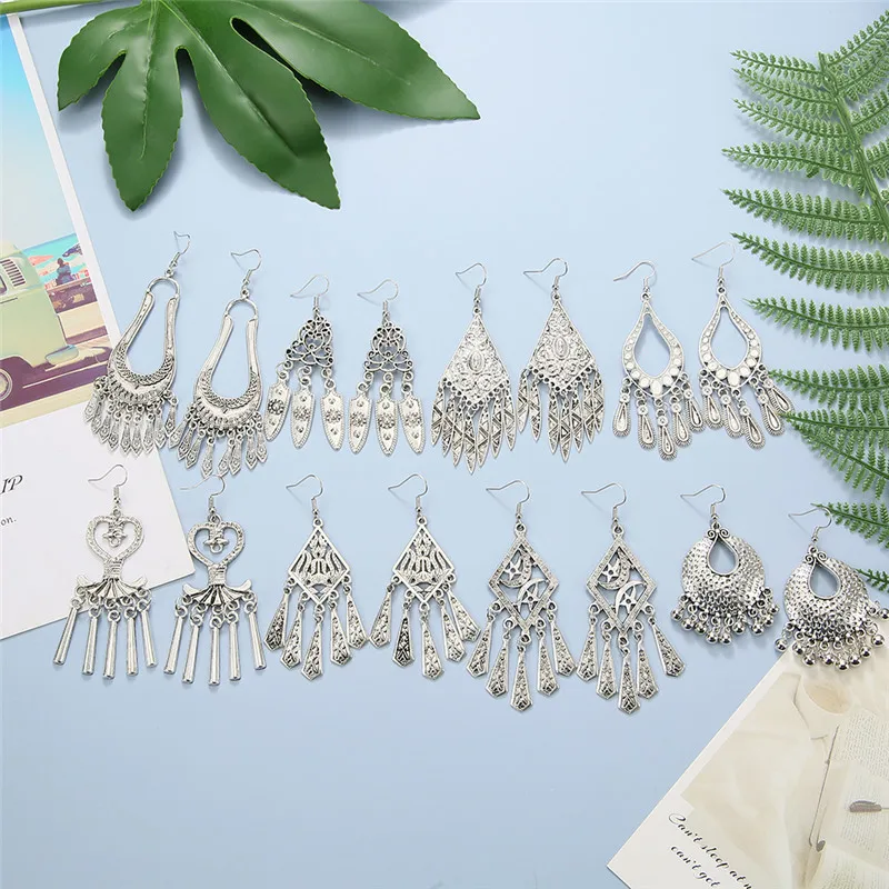 

2pcs/pair Antique Retro Tassel Silver Color Earrings For Women Indian Jewelry Fashion Ear Accessories