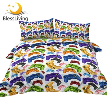 BlessLiving Colorful Bedding Set Game Pads Printed Duvet Cover for Boys Twin Size Bedspreads Soft Polyester Kids Bed Set 3pcs 1