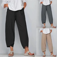 women solid color pocket irregular hem loose cropped pants cotton linen trousers with pockets irregular hem loose style pants