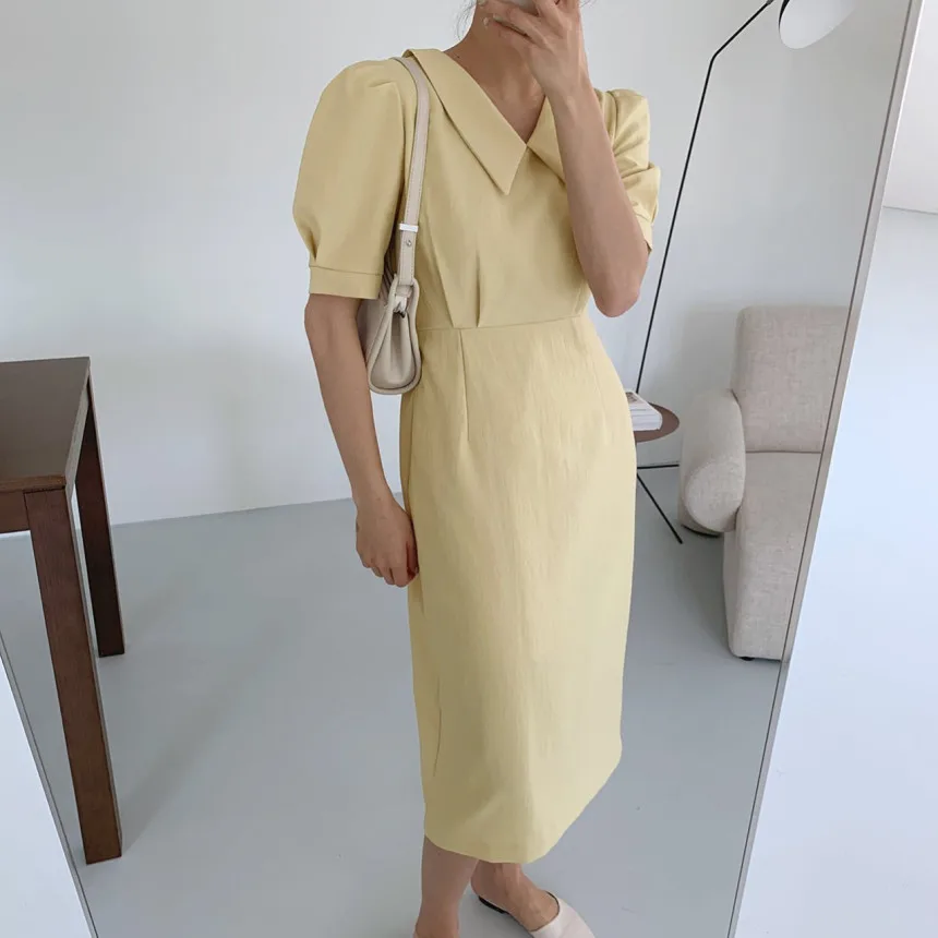 

Korean Chic Summer New Solid Color Polo Collar Loose Waistband Tight Waist Slim Fit Sweet Girly Temperamental Long Dress