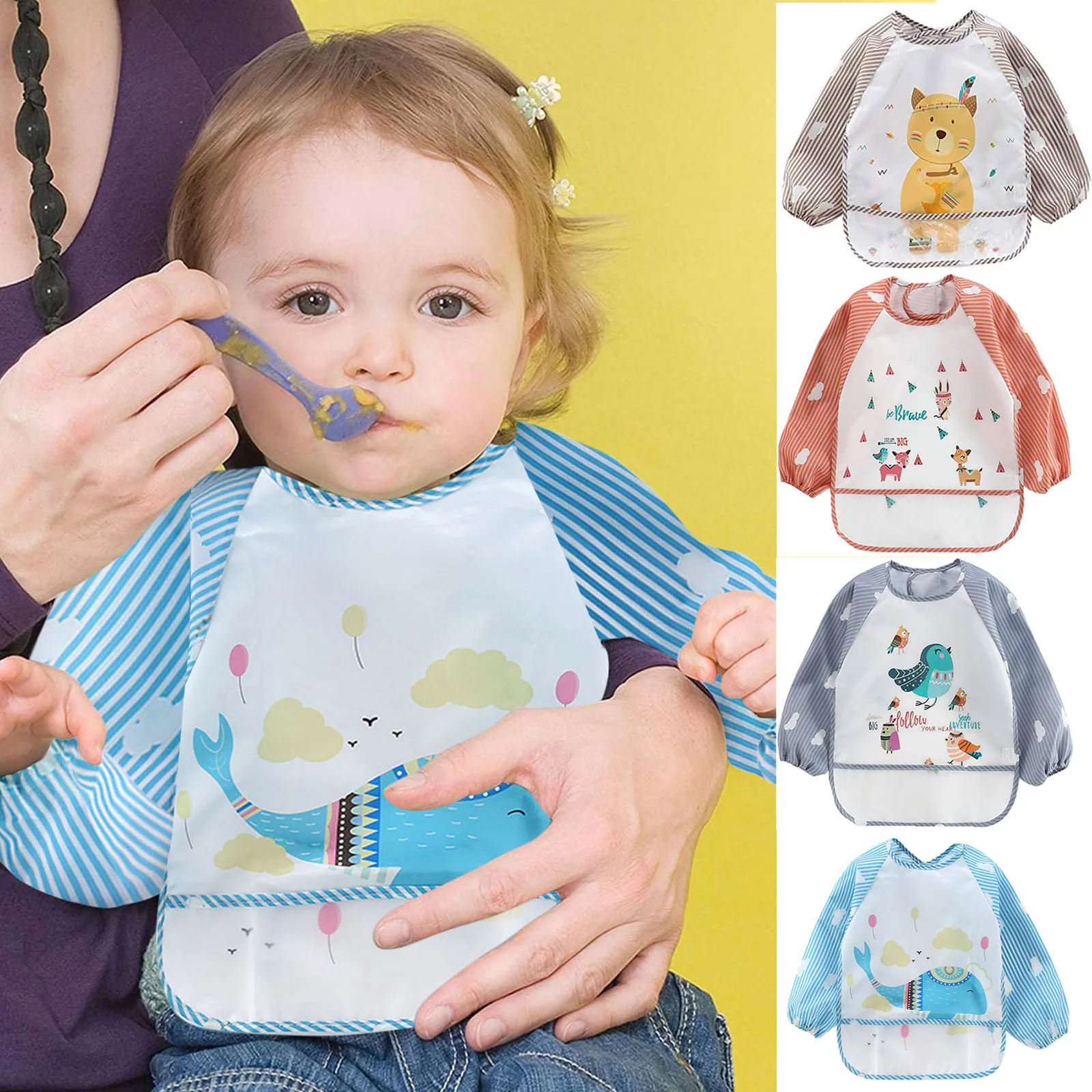 

4PCS Infant Toddler Long Sleeve Baby Bibs Waterproof Sleeved Bib Soft Cartoon For Girls Boys Feeding Bib Apron Pocket Infant Kid