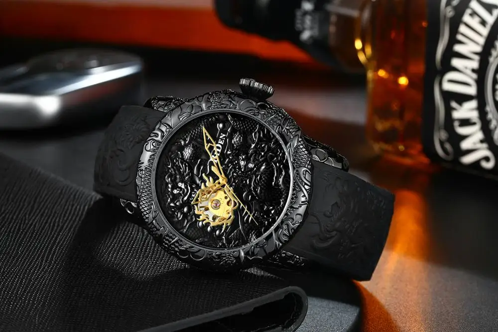 BIDEN Fashion Mechanical Watches Waterproof Mens Automatic Wristwatch Silicone Strap Luxury Pattern Design Unusual Male | Наручные часы