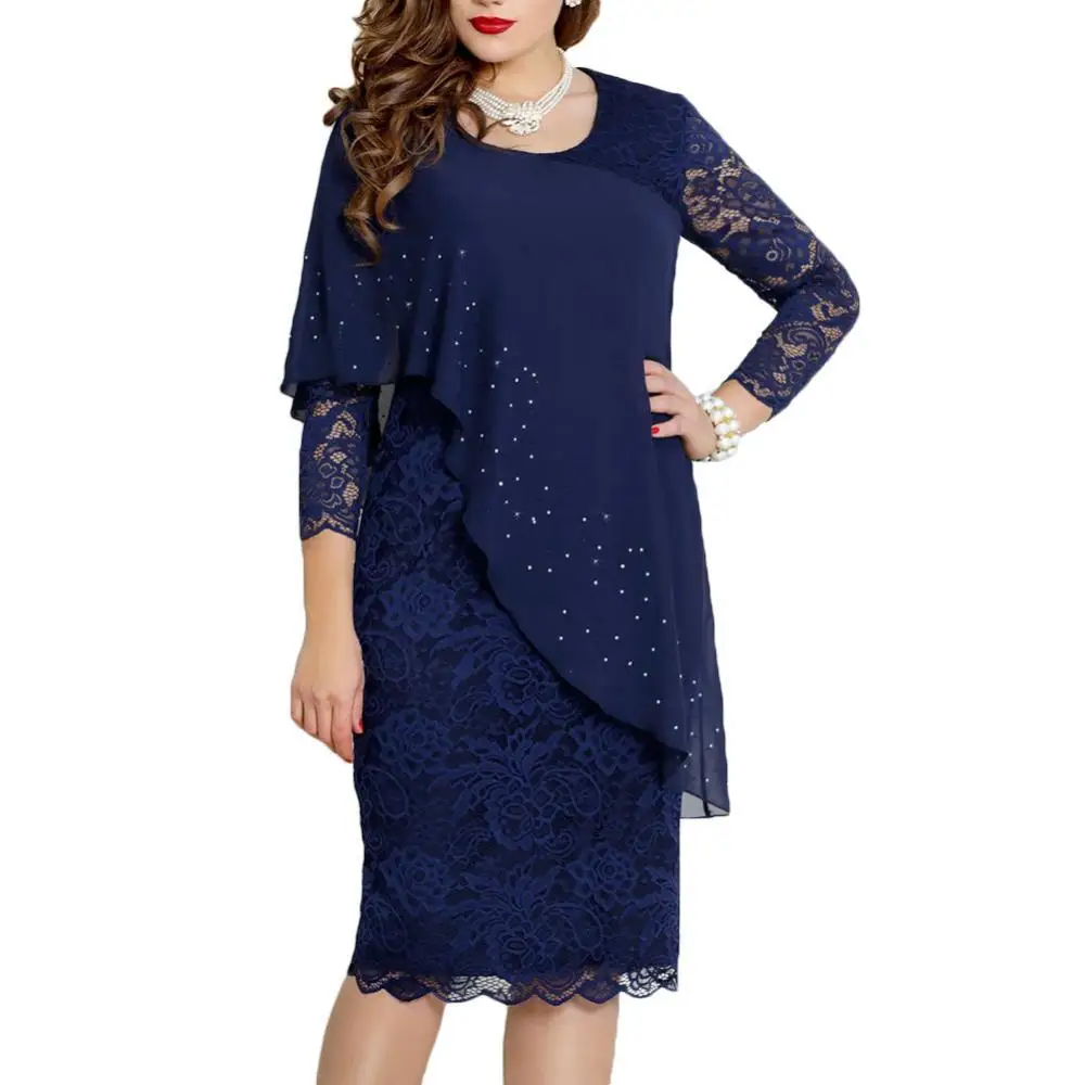 

Elegant Women Dress Oversize Solid Color O Neck 3/4 Sleeve Party Banquet Slim Knee-length Dress Female Clothing Blue XXXXXL