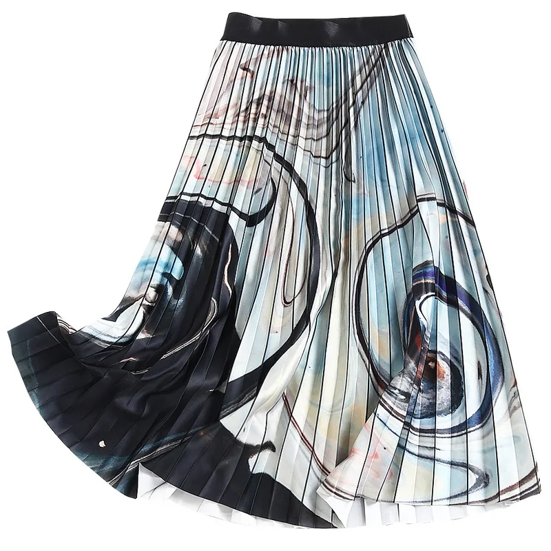 

Skirt Lolita Print Pleated Long Ankle-Length Empire Korean Style Faldas Largas Mujer Women Clothes