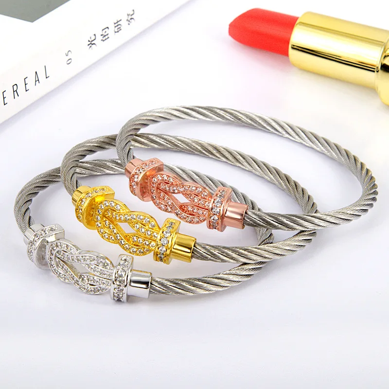 

High Quality Titanium Steel Wire Rope Magnetic Clasp Digital 8 Couple Bracelet Cross Micro Inlaid Bracelet for Women Men